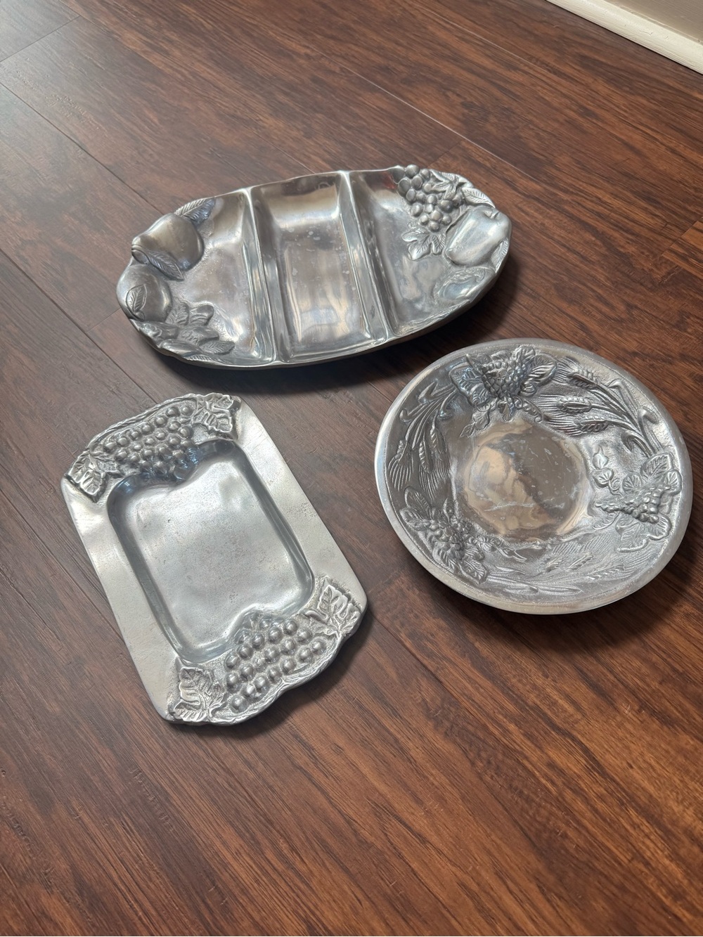 Decorative Pewter-Style Serving Trio - Silver Appetizer Bowls and Divided Server